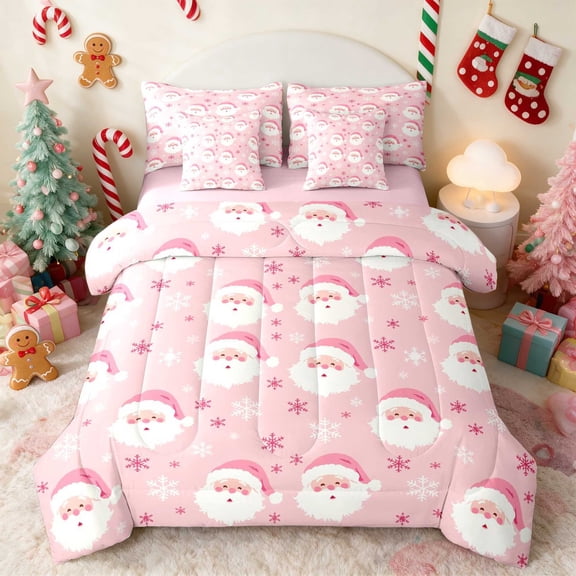 Manfei Santa Twin Bedding 7pcs Holiday Bedding Comforter Set, Gray Red, Pink Reversible