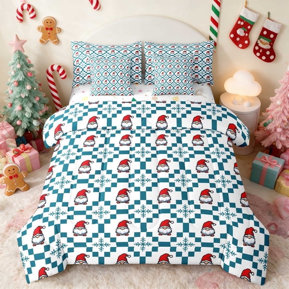 Manfei Santa Twin Bedding 7pcs Holiday Bedding Comforter Set, Purple Gold, Xmas Reversible
