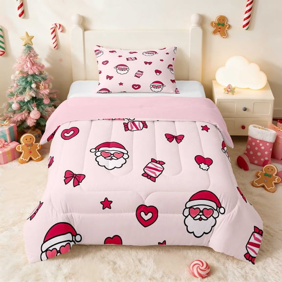 Manfei Santa Twin Comforter Sets Holiday Bedding Set, Peach Pink 2-Pieces 1 Comforter and 1 Pillowcase, Pink Reversible