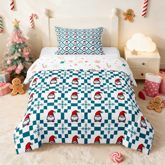 Manfei Santa Twin Comforter Sets Holiday Bedding Set, Purple Gold 2 Pieces 1 Comforter and 1 Pillowcase, Xmas Reversible