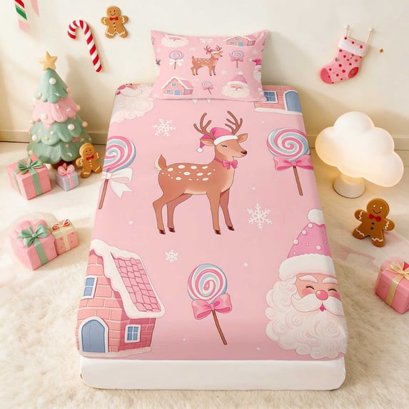 Manfei Santa Twin Fitted Sheet Christmas Bedding, Gray Red 2-Piece 1 Fitted Sheet and 1 Pillowcase