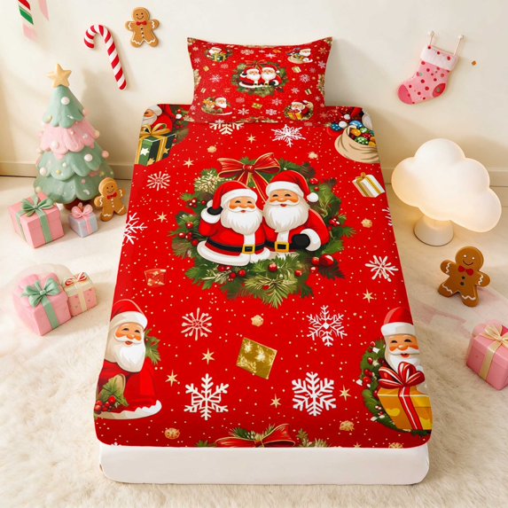 Manfei Santa Twin Fitted Sheet Holiday Bedding, Gray Red 2pcs 1 Fitted Sheet and 1 Pillowcase