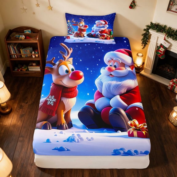 Manfei Santa Twin Fitted Sheet Holiday Bedding, Teal Pink 2-Piece 1 Fitted Sheet and 1 Pillowcase