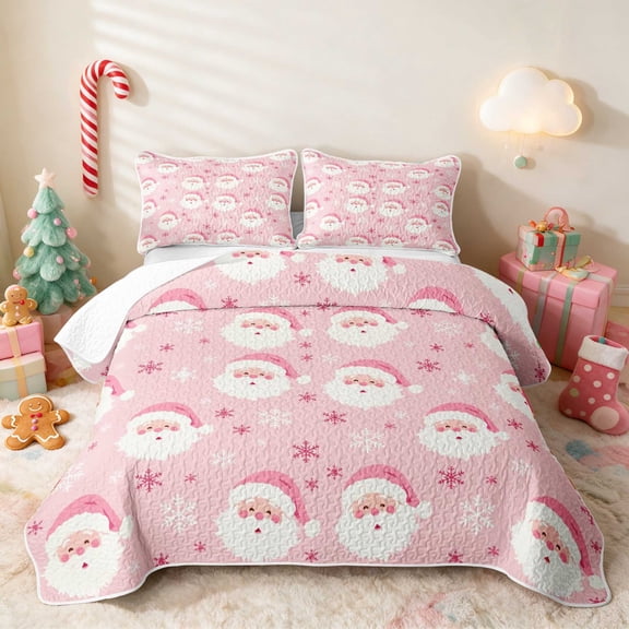 Manfei Santa Twin Quilt Set Holiday Twin Coverlet Set, Gray Red 2pcs 1 Bedspread and 1 Pillowcase