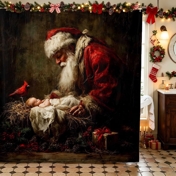 Manfei Santa Waterproof Shower Curtain 72Wx72L Holiday Bathroom Curtain, Rust Cream