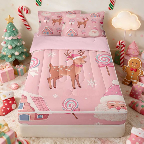 Manfei Santa Zipper Twin Comforter Sets with Fitted Sheet and 2 Pillowcases Christmas Zipper Bedding Set, Gray Red, Pink Reversible