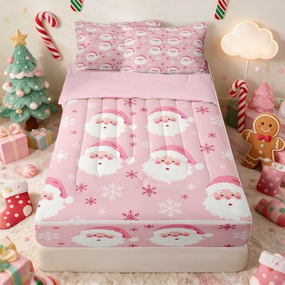 Manfei Santa Zipper Twin Comforter Sets with Fitted Sheet and 2 Pillowcases Holiday Zipper Bedding Set, Gray Red, Pink Reversible