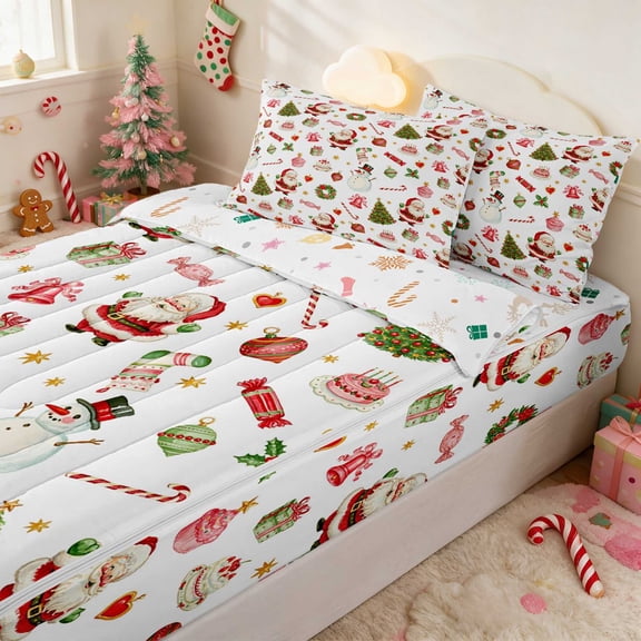 Manfei Santa Zipper Twin Comforter Sets with Fitted Sheet and 2 Pillowcases Holiday Zipper Bedding Set, Purple Pink, Xmas Reversible