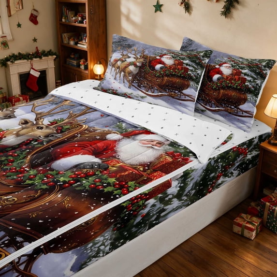 Manfei Santa Zipper Twin Comforter Sets with Fitted Sheet and 2 Pillowcases Reindeer Zipper Bedding Set, Lilac White, Reversible