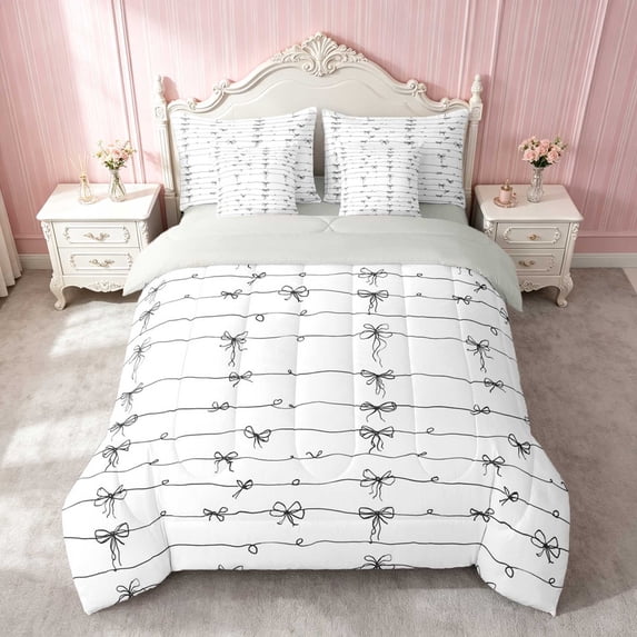 Erosebridal Sassy Line Art Bow Queen Bedding for Girls, Minimalist Girly Ditsy Print Bedding Comforter Set Queen, Gray Reversible 7-Piece