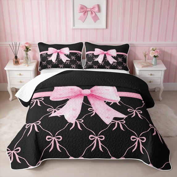 Erosebridal Sassy Satin Bow Ribbon Quilt King for Girls, Romantic Floral Print King Coverlet Set, 3 Pieces 1 Bedspread and 2 Pillowcases