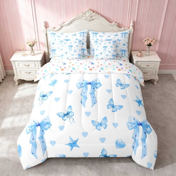 Erosebridal Sassy Satin Bow Ribbon Twin Bedding for Girls, Romantic Floral Print Bedding Comforter Set, Stars Reversible 7 Pieces