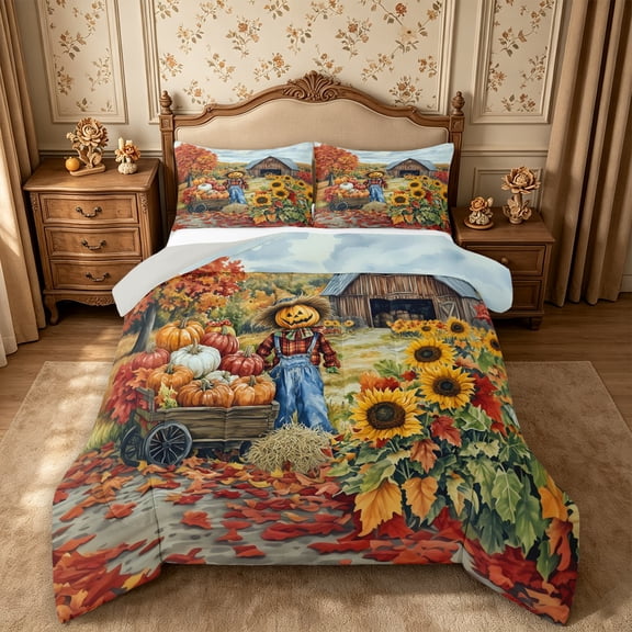 Erosebridal Scarecrow Barn Queen Comforter Set 3 Pieces,Fall Harvest Comforter Sets Queen,Multi,Reversible,1 Comforter and 2 Pillowcases