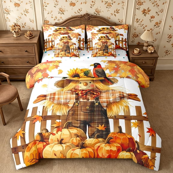 Erosebridal Scarecrow Sunflower Full Size Bedding Sets 7 Pieces,Fall Harvest Full Size Bed in a Bag,White Orange Brown,Reversible