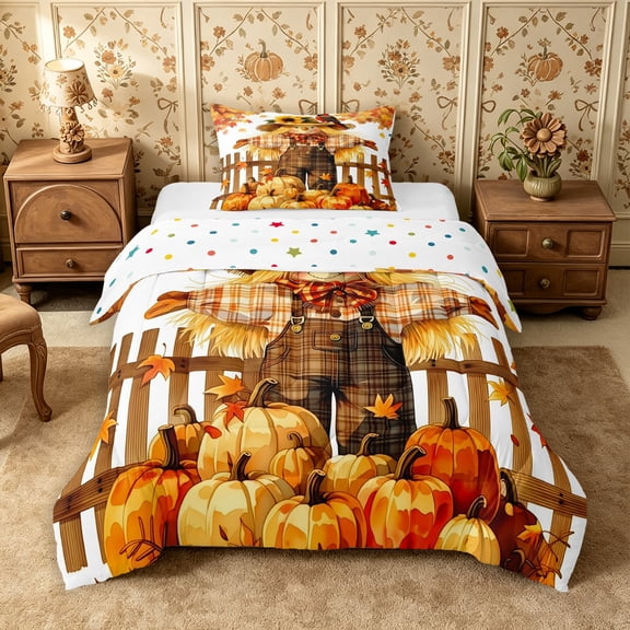 Erosebridal Scarecrow Sunflower Twin Comforter Sets 2pcs,Fall Harvest Bedding Set,White Orange Brown,Reversible,1 Comforter and 1 Pillowcase