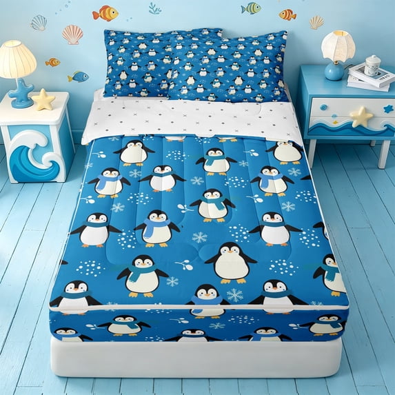 Erosebridal Scarf Penguin Snowflake Zipper Queen Comforter Set with Fitted Sheet and 2 Pillowcases,Ocean Animals Zipper Bedding Set For Boys,Reversible,4pcs