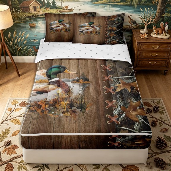 Erosebridal Scenery Duck Pattern Zipper Twin Comforter Sets with Fitted Sheet and 2 Pillowcases,Stitched Lace Up Print Zipper Bedding Set,Green Amber Brown,Reversible