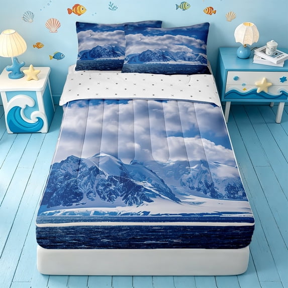 Erosebridal Scenic Nature Zipper Twin Comforter Sets with Fitted Sheet and 2 Pillowcases,Snow Mountain Zipper Bedding Set For Boys,Reversible,4pcs