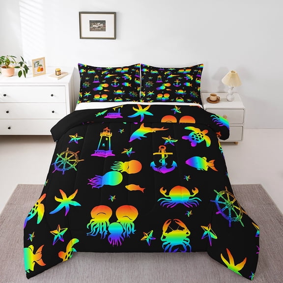 Erosebridal Sea Animal Bedding Twin Comforter Set, Rainbow Gradient Wildlife Down Comforter, Crab Starfish Sea Turtle Bedding Sets Twin with Comforter Super Cozy Bedroom Decoration, 2 Pieces