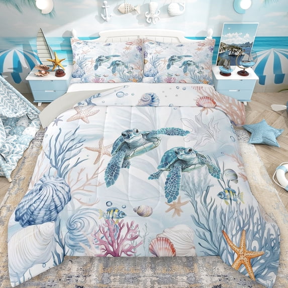 Erosebridal Sea Animal Turtle Queen Comforter Set,Ocean Coral Starfish Bedding Comforter Set For Boys Girls, Reversible 3pcs