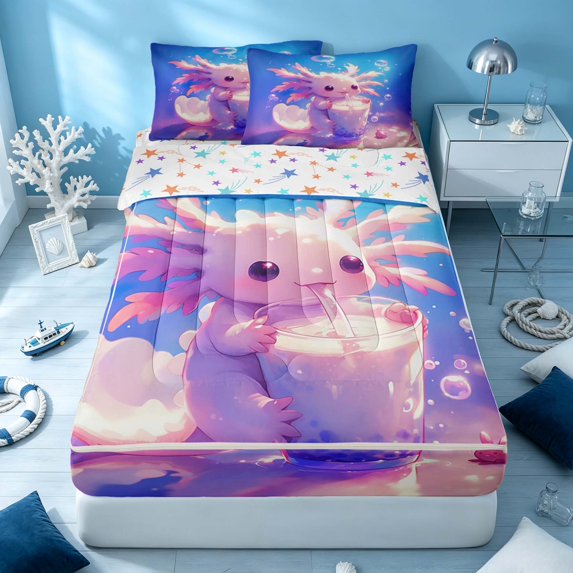 Erosebridal Sea Axolotl Zipper Queen Comforter Set with Fitted Sheet and 2 Pillowcases, Coastal Animal Zipper Bedding Set, Stars Reversible
