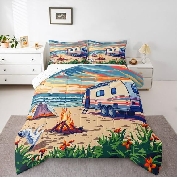 Erosebridal Sea Beach Camping Comforter Sets Queen Size,Camp Camper Comforters & Duvets,RV Accessories Bedding Queen Comforter Set,Super Cozy Princess Room Decorative Reversible,3-Piece