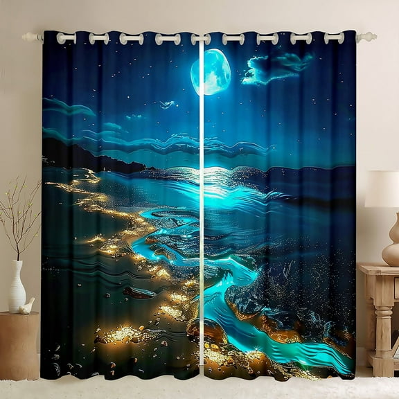 Erosebridal Sea Beach Curtains for Living Room,Blue Golden 30%-50% Blackout Curtains Set of 2 (38x45),Moon Sky Curtains and Drapes (38x45),Ocean Bedroom Decor