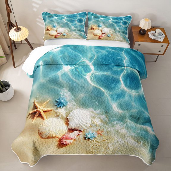 Erosebridal Sea Beach Quilt King,Spotted Starfish Shell King Coverlet Set For Boys,3-Piece