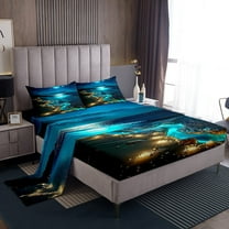 Erosebridal Sea Beach Sheet Set Twin,Blue Golden Bedding Sets Twin Size,Moon Sky Twin Sheet Sets,Breathable Ocean Bedroom Decor,3pcs