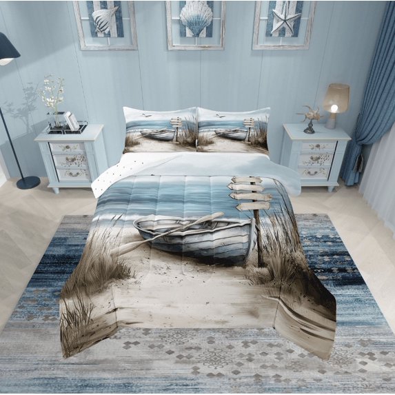 Erosebridal Sea Boat Bedding King Comforter Set,Marine Beach Comforter Sets King Size,Ocean Theme Decoration,Reversible,Microfiber,3 Pieces