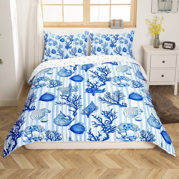 Erosebridal Sea Coral Starfish Conch Comforter Cover King, Blue Geometric Stripes Bedding King Size, Reversible 3 Pieces (No Comforter)