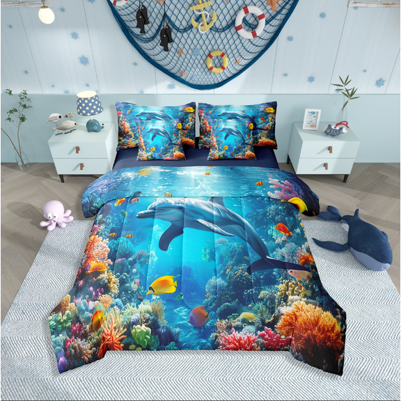 Erosebridal Sea Dolphin Bed in a Bag Full size,Marine Wildlife Bed Set,Underwater World Decor,Reversible,Lightweight,7 Pieces