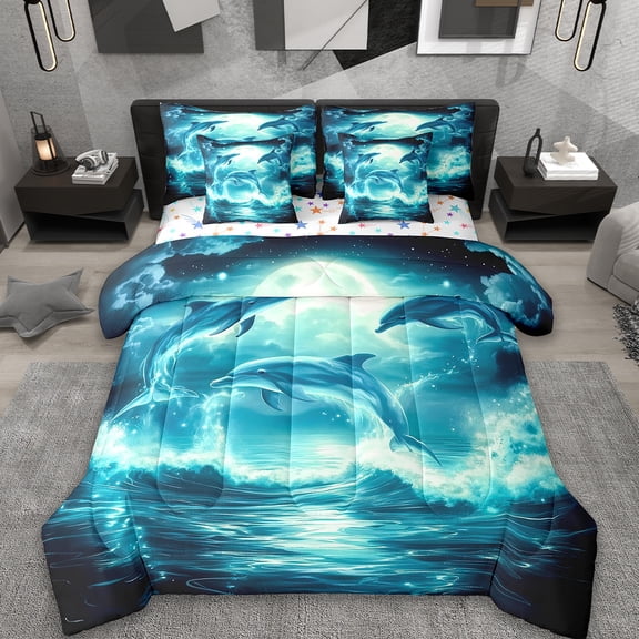Erosebridal Sea Dolphin Bedding Sets Queen Size,Dreamy Ocean Wildlife Comforter Sets With Sheets,Blue Marine Animal Bed In A Bag Queen Size, Microfiber Bedroom Decorative,7Pcs Reversible
