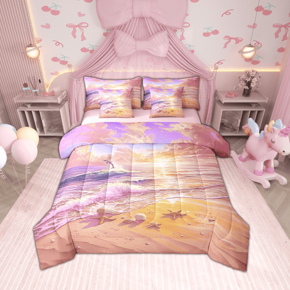 Erosebridal Sea Dolphin Bedding Sets Twin Size,Starfish Seashell Comforter Sets with Sheets,Ocean Beach Bed in a Bag Twin size,Lightweight Summer Holiday Bedroom Decorative,Reversible,7-Piece
