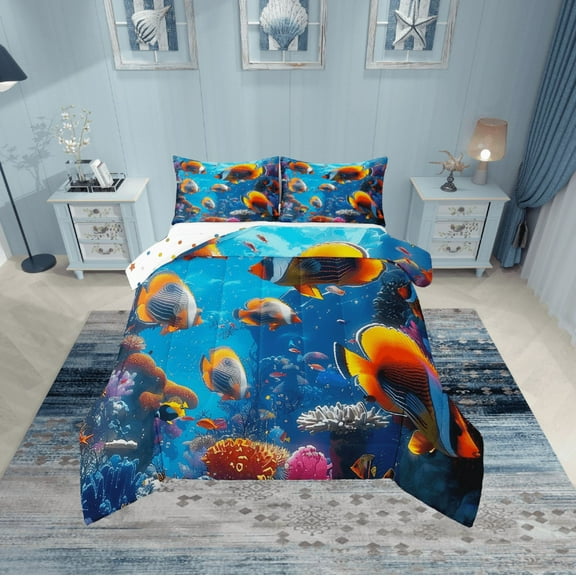 Erosebridal Sea Fish Bedding Sets Twin with Comforter, Colorful Coral Duvet Insert, Ocean Sealife Reversible Down Comforter, Lightweight Room Decor, 2-Piece