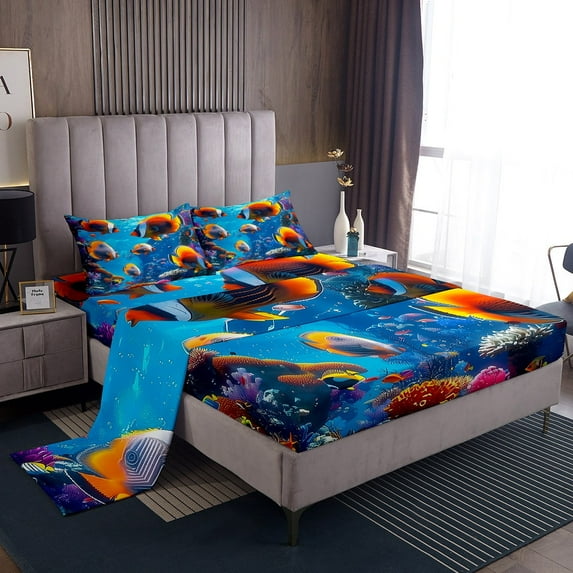 Erosebridal Sea Fish Twin Sheet Sets, Colorful Coral Bedding Twin Size, Ocean Sealife Reversible Bed Sheets Twin, Lightweight Room Decor, 3-Piece