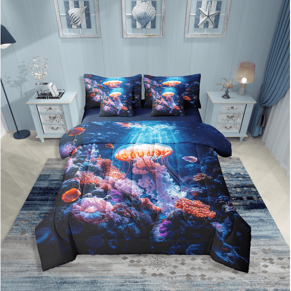 Erosebridal Sea Jellyfish Bedding Sets Twin Size,Marine Wildlife Comforter Sets with Sheets,Underwater World Decor,Reversible,Breathable,7-Piece