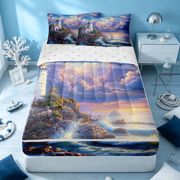 Erosebridal Sea Lighthouse Zipper Twin Comforter Sets with Fitted Sheet and 2 Pillowcases, Coastal Zipper Bedding Set, Reversible