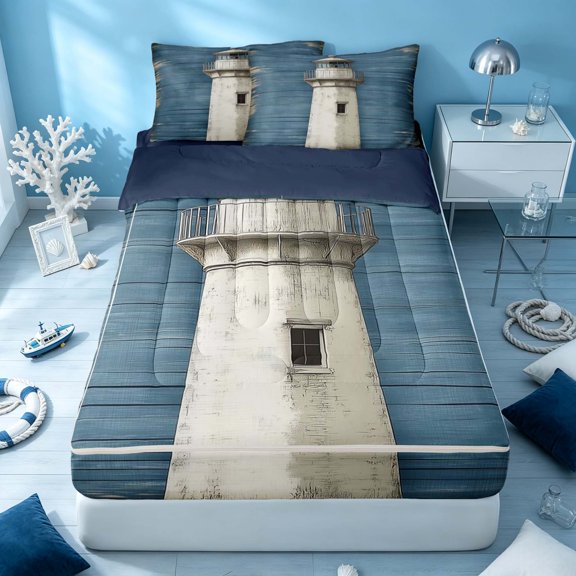 Erosebridal Sea Lighthouse Zipper Twin Comforter Sets with Fitted Sheet and 2 Pillowcases, Nautical Zipper Bedding Set, Navy Reversible