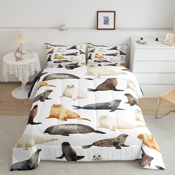 Erosebridal Sea Lion Comforter Sets Full Size, Kawaii Sealife Comforters & Duvets, Ocean Marine Decor, Breathable 3 Pieces
