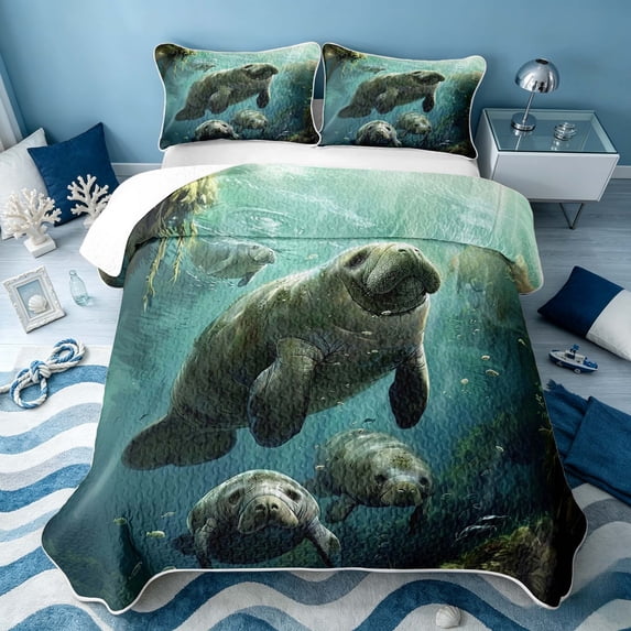 Erosebridal Sea Manatee Twin Quilt Set, Marine Animal Twin Coverlet Set, Reversible 2pcs, 1 Bedspread and 1 Pillowcase