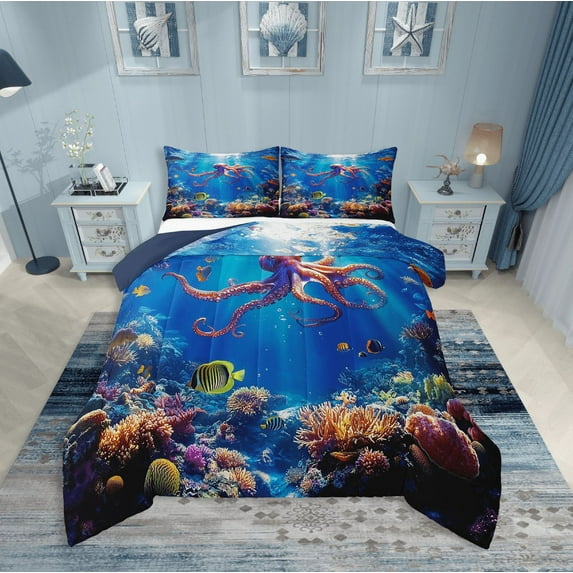 Erosebridal Sea Octopus Bedding King Comforter Set,Marine Wildlife Bedding Sets King with Comforter,Underwater World Decor,Reversible,Lightweight,3 Pieces