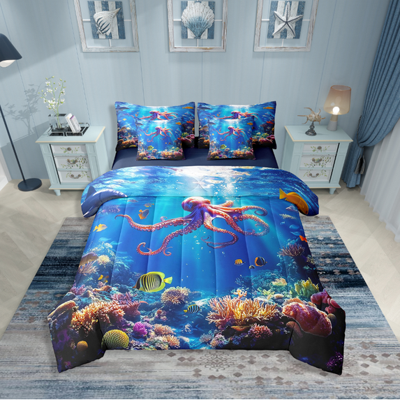 Erosebridal Sea Octopus Bedding Sets Twin Size,Marine Wildlife Comforter Sets with Sheets,Underwater World Decor,Reversible,Breathable,7-Piece