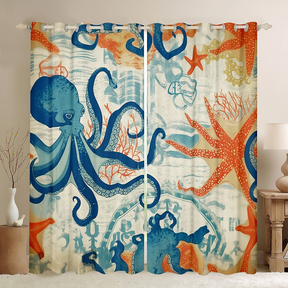Erosebridal Sea Octopus Curtains Pack of 2 (52x63), Coastal Starfish 30 ...