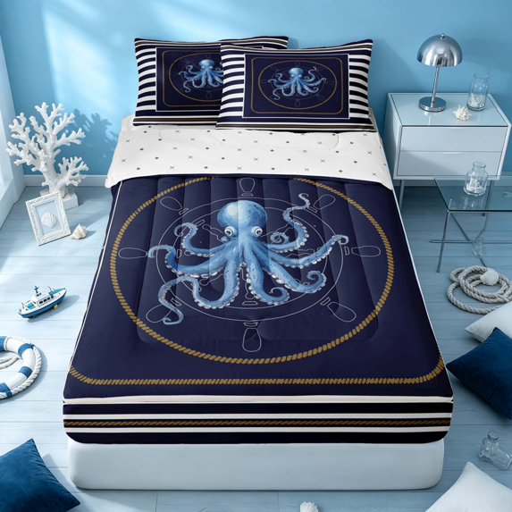 Erosebridal Sea Octopus Zipper Full Size Comforter Sets with Fitted Sheet and 2 Pillowcases, Marine Stripe Zipper Bedding Set, Reversible