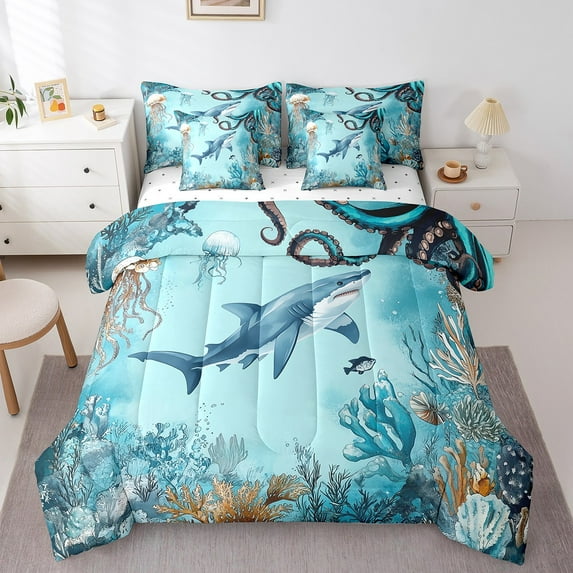 Erosebridal Cute Shark Bedding Twin Size, Sea Coral Bed in a Bag Twin size, Ocean Wildlife Decor, Reversible 7 Pieces