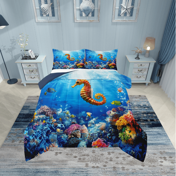 Erosebridal Sea Seahorse Bedding Twin Comforter Set,Underwtaer World Down Comforter,Ocean Theme Decor,Reversible,Lightweight,2-Piece