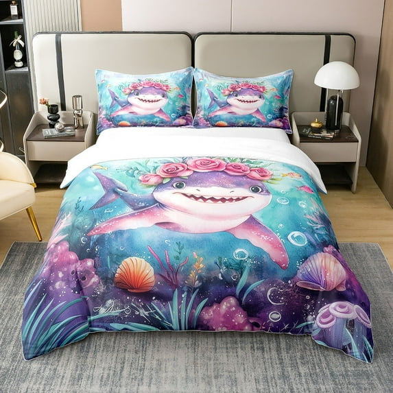 Erosebridal Sea Shark 100% Cotton Duvet Cover Twin Size,Sea Animal Bedding Sets Twin Size,Teenager Bedroom Decor,Breathable,2pcs