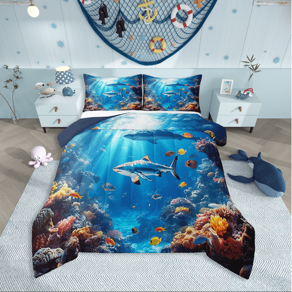 Erosebridal Sea Shark Bedding Sets Full with Comforter,Ocean Wildlife Duvet Insert,Underwater World Decor,Reversible,3pcs