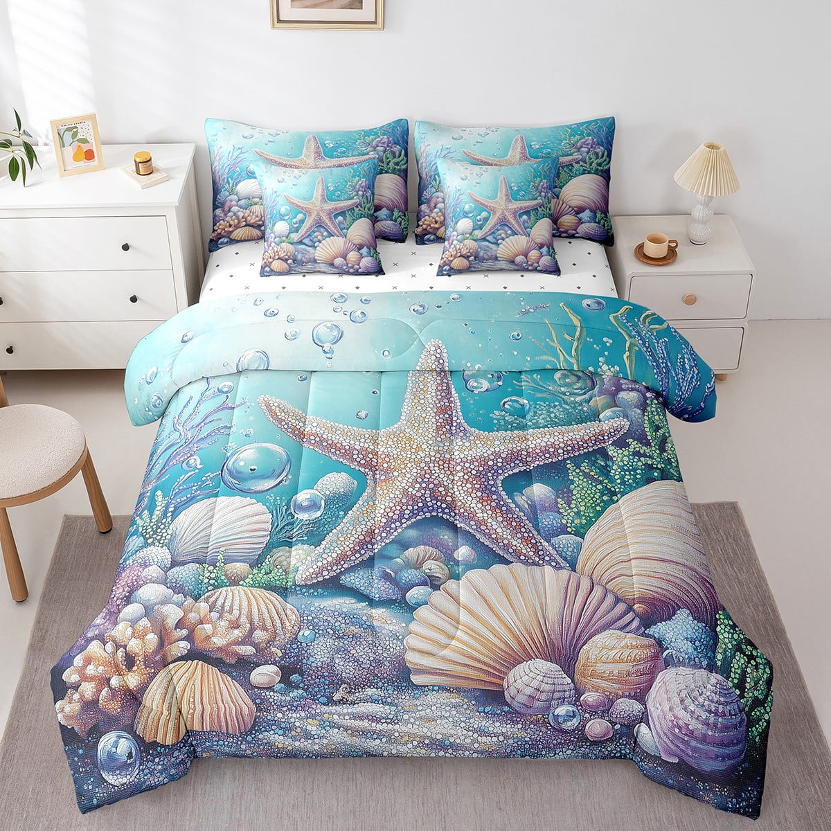 Sae Shell Bed Erosebridal Sea Starfish Bed in a Bag Full size, Seashell Print Bed Set ...
